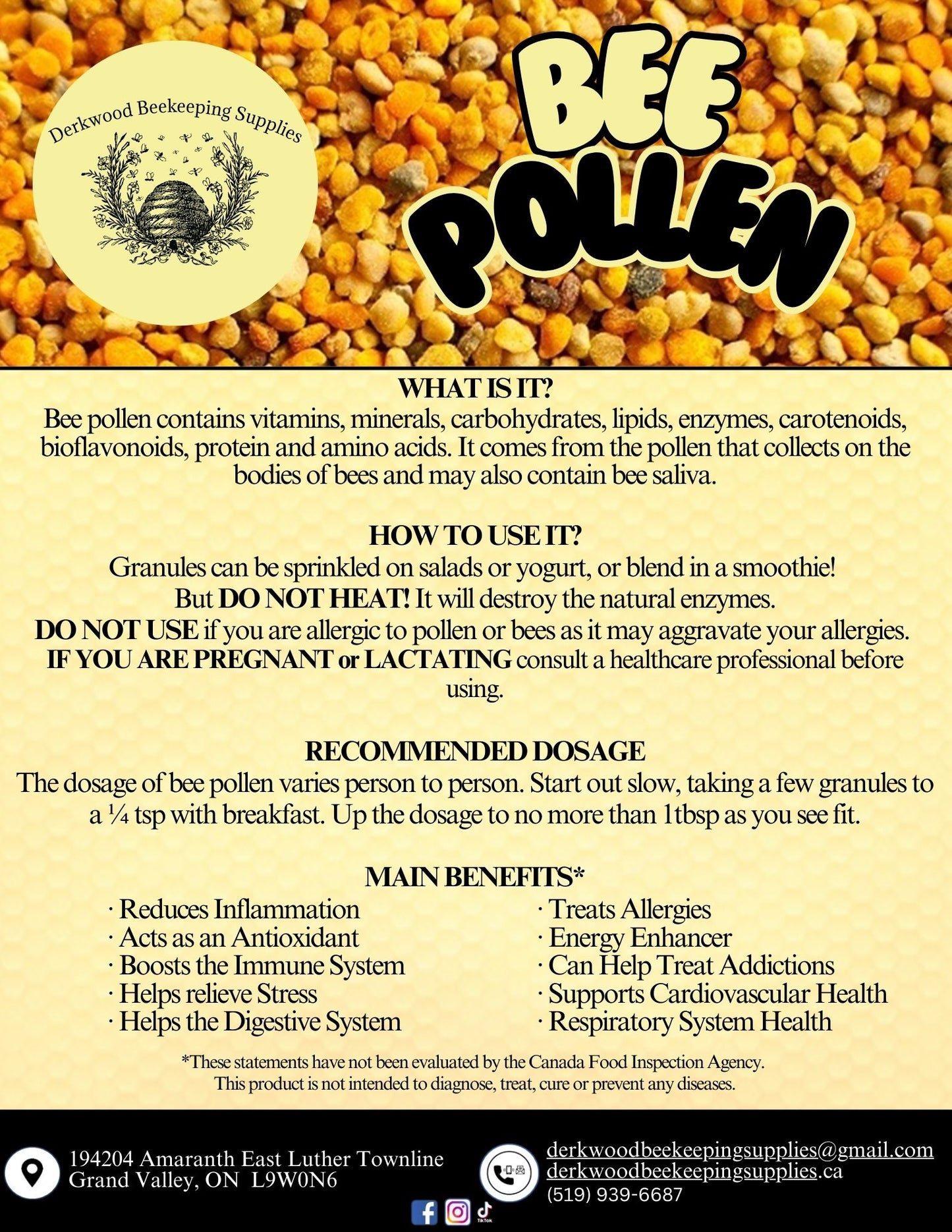 Bulk Bee Pollen: 10lbs+ $21/LB. Must be ordered by Phone/Text (519) 939-6687